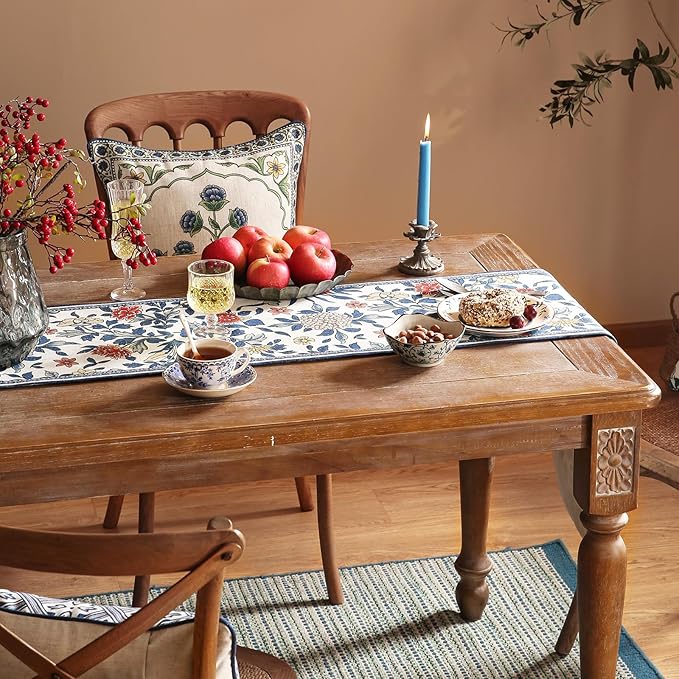 patdrea Designer Blue Cottage Rustic Floral Patterned Linen Table Runner 87 Inch Long,Wrinkle Resistant Table Mat,Decoration for Kitchen Dining and Coffee Tables Banquet Christmas , 12"x87"