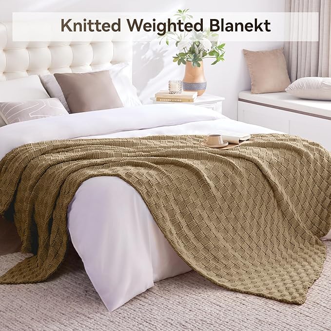 Knitted Weighted Blanket for Adult, No Beads Heavy Blanket 70” x 90'' 20lbs, Breathable Chunky Knit Blanket, Cooling Weighted Blanket for Hot Sleepers, Christmas Home Decor (Camel)