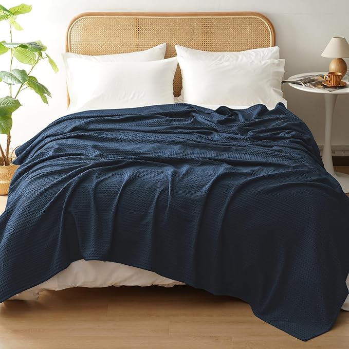 PHF Lightweight Waffle Weave Blanket Queen Size, Breathable & Ultra Soft, 90"x 90" Soft & Cozy Thin Blanket, Perfect for Summer & Hot Sleepers, Bed, Home Decor - Navy Blue