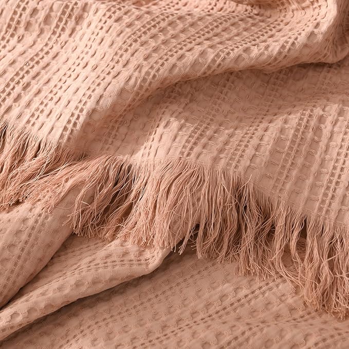 100% Cotton Waffle Blanket with Fringe, Pre-Washed Waffle Weave Blanket for All Season, Lightweight Breathable Soft Cozy Throw Blanket for Couch, Bed, Travel (Dusty Pink - 66x90 Inches)