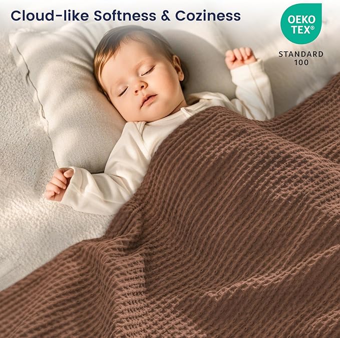 PHF Pre-Washed Cotton Waffle Weave Blanket Throw Size for Couch Bed,Snag Proof Spring Summer Lightweight Breathable,Oeko-TEX Certified,Machine Washable, Home Decor Gift,Cappuccino