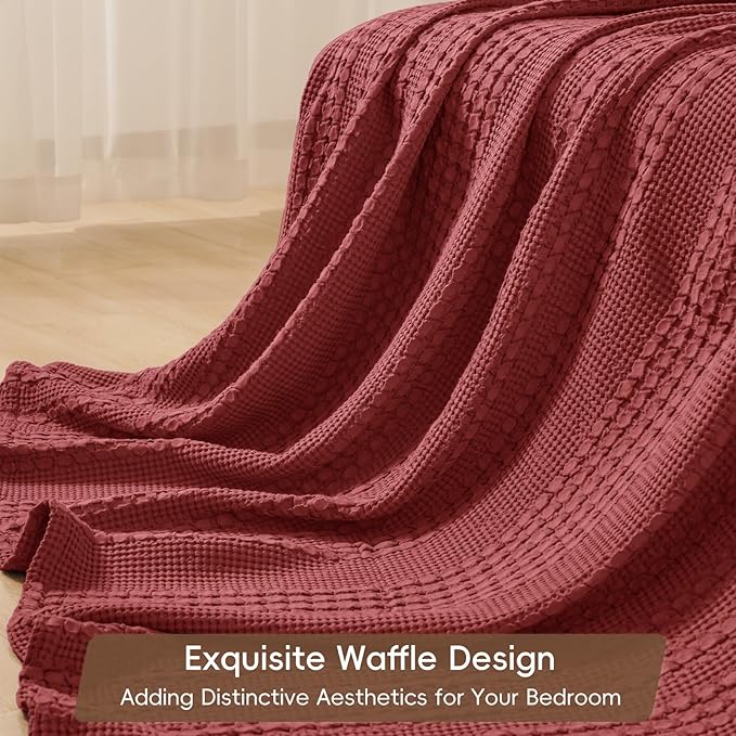 PHF 100% Cotton Waffle Weave Blanket Queen Size, Soft Lightweight Breathable Cozy Summer Blankets for Bed, Luxury Aesthetic Woven Bedding for Home Decor, 90"x90", Wine Red
