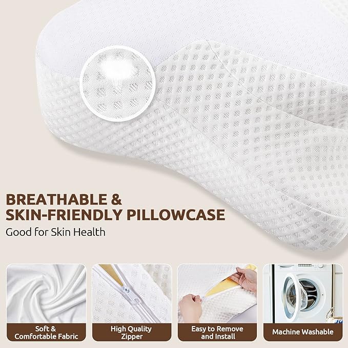 DONAMA Cervical Neck Pillow for Pain Relief,Odorless Contour Memory Foam Pillows with Cooling Pillowcase Cozy Sleeping, Orthopedic Ergonomic Bed Pillows for Side Back Stomach Sleepers
