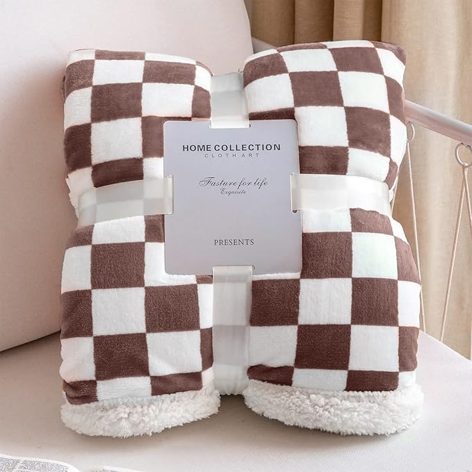 LOMAO Sherpa Throw Blanket Fleece Blanket with Checkered Pattern Soft Thick Blanket for Couch, Bed, Sofa Luxurious Warm and Cozy for All Seasons (Coffee, 60"x80")