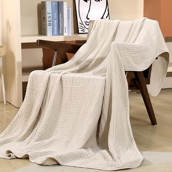 Yoofoss Muslin Blanket 100% Cotton Throw Large 50" x 60" for Bed Couch Summer Gauze Blanket for Adults Lightweight and Breathable Apricot White
