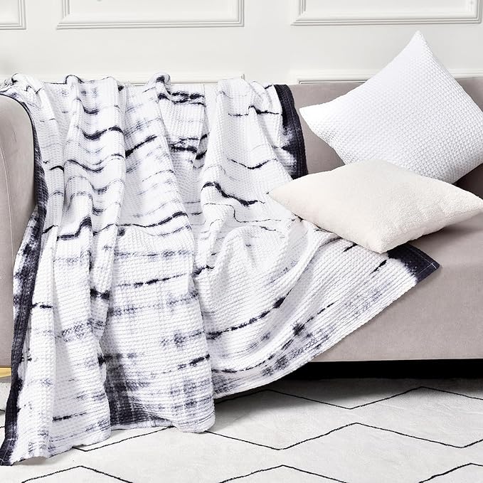 PHF 100% Cotton Tie-dye Waffle Weave Blanket King,Soft Breathable Skin-Friendly Durable Layering for All Season, Manual Elegant Delicate Pattern for Bed, Home Decor, Couch,Tie Dyed Charcoal, 104x90