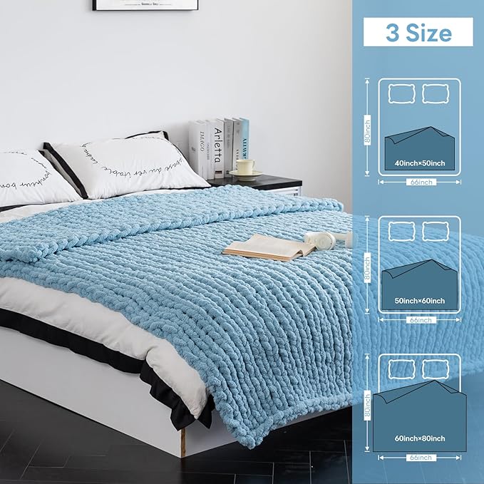 Chunky Knit Blanket - Luxury Soft Cozy Queen Size(40 * 50) Throw Blanket,100% Woven Blanket Rope Knot Throw Blanket for Couch, Sofa, Home Decor, Gift - Machine Washable(Light Blue)