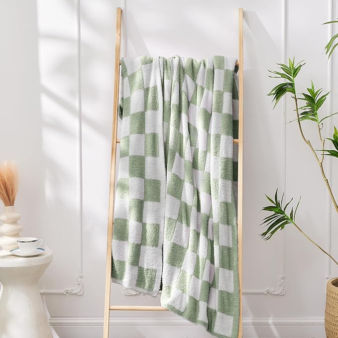 JOOJA Soft Blanket Cozy Checkerboard Sage Bed Blanket Fluffy Knit Throw Blanket Queen Size Plaid Checkered Blanket Sage 90x90 in