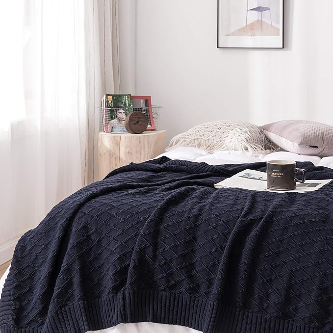 100% Cotton Navy Blue Cable Knit Throw Blanket with Bonus Laundering Bag - Large Thick, 2.5 Pounds,Extra Cozy, Machine Washable, Comfortable Home Decor (Navy X pattern, 50"x60")