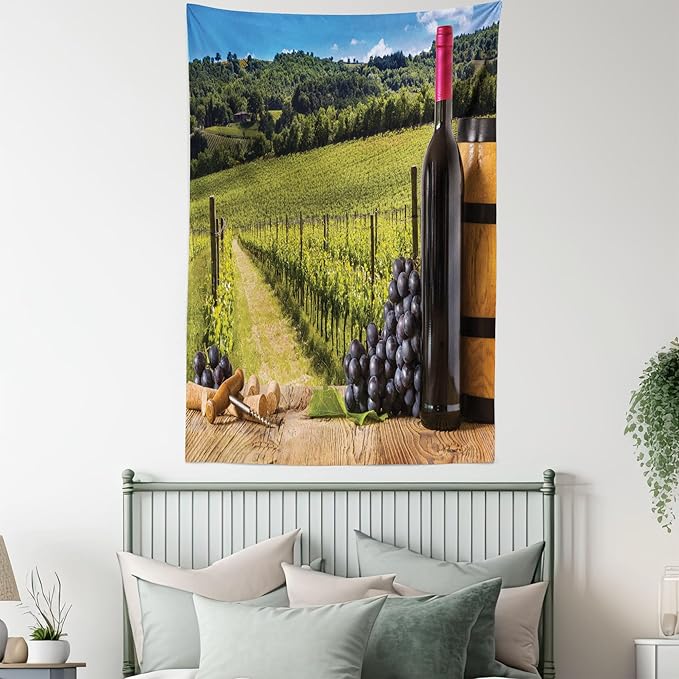 Ambesonne Winery Tapestry Twin Size, Red Wine Bottles with Grapes on Timber Board Tuscany Italian Terrace Scenery, Wall Hanging Bedspread Bed Cover Wall Decor, 68" X 88", Green Blue Brown