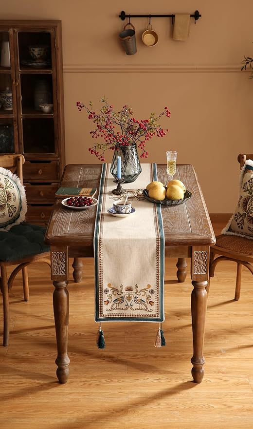 patdrea Designer Beige Farmhouse Geometric Patterned Linen Table Runner 87 Inch Long,Wrinkle Resistant Table Mat,Decoration for Kitchen Dining and Coffee Tables Banquet Christmas , 12"x87"