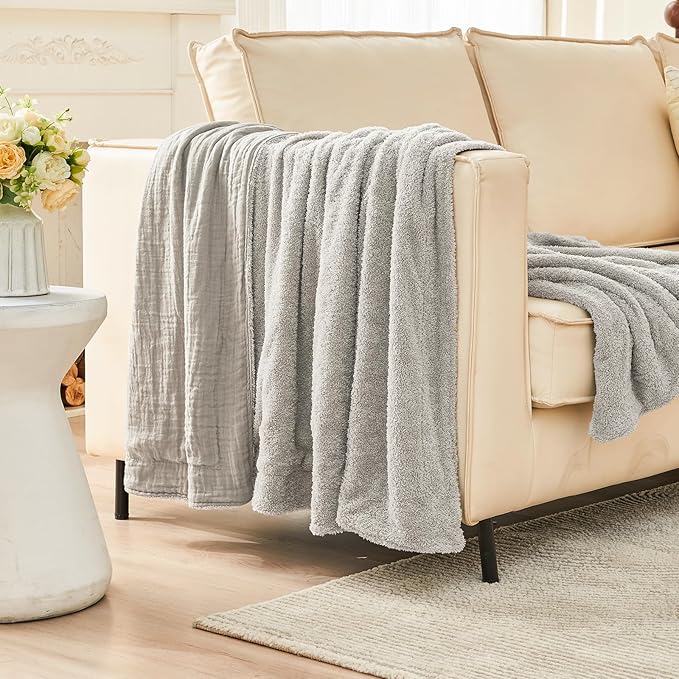 EMME Muslin Cotton Fleece Twin Blanket Reversible - 60"*80" Grey Soft Warm Throw Blankets for Couch Bed Picnic Travel Bed