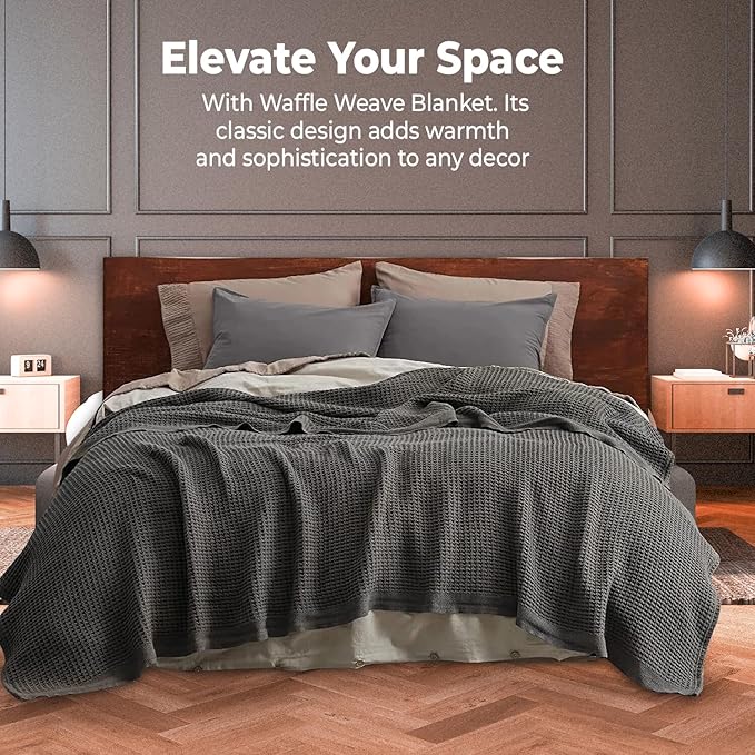 100% Cotton Blankets Queen Size for Bed - Waffle Weave Blankets for Summer, Lightweight and Breathable Soft Woven Blanket for Spring, (Dark Grey, Queen (90" x 90"))