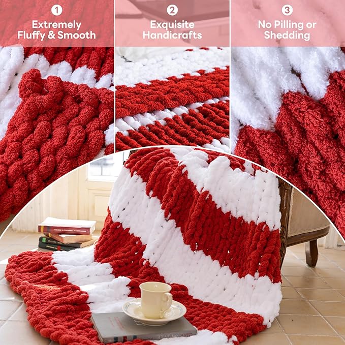 Chunky Knit Blanket - Luxury Soft Cozy Queen Size(50 * 60) Throw Blanket,100% Woven Blanket Rope Knot Throw Blanket for Couch, Sofa, Home Decor, Gift - Machine Washable(White/Wine red)