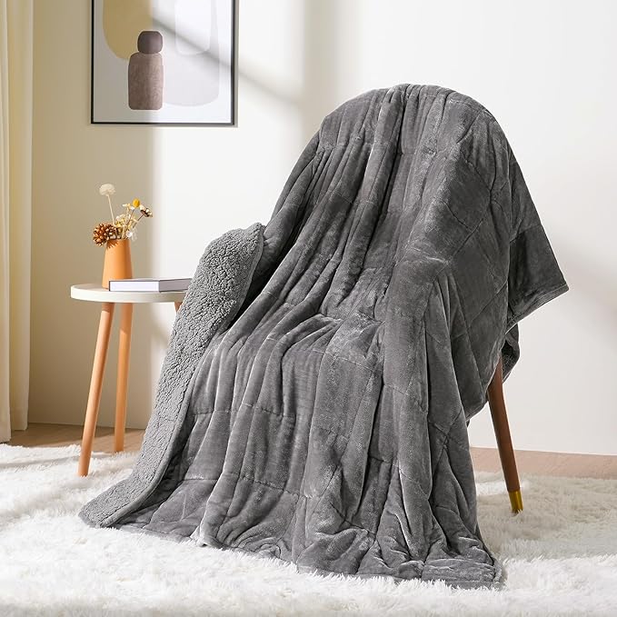 Weighted Blanket 12 lbs Queen Size, Flannel Shaggy Sherpa Weighted Blanket for Adults Comfortable Weighted Blankets for Calming and Relax, Bed Sofa Heavy Blankets, 60x80 inches, Grey