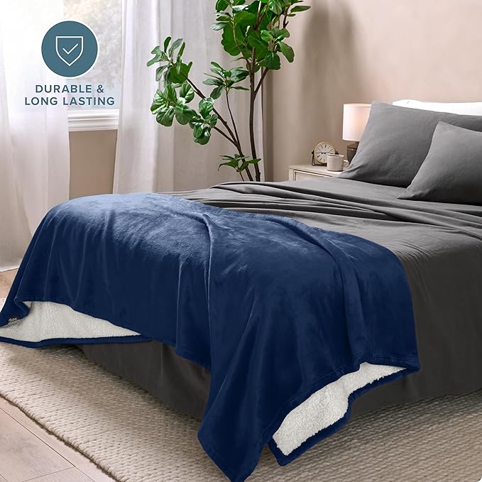 Bare Home Sherpa Fleece Blanket - Twin/Twin Extra Long - Blanket for Bed, Sofa, and Couch - Warm & Lightweight - Fluffy & Soft - Reversible (Twin/Twin XL, Dark Blue)