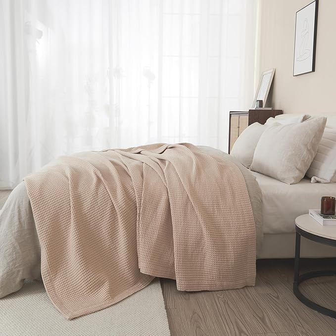 100% Cotton Blanket for Full Queen Size Bed - Taupe Waffle Weave Lightweight Summer Bed Blanket - 90x90in Prewashed Breathable, Woven, Layering Blanket (Full/Queen, Taupe)