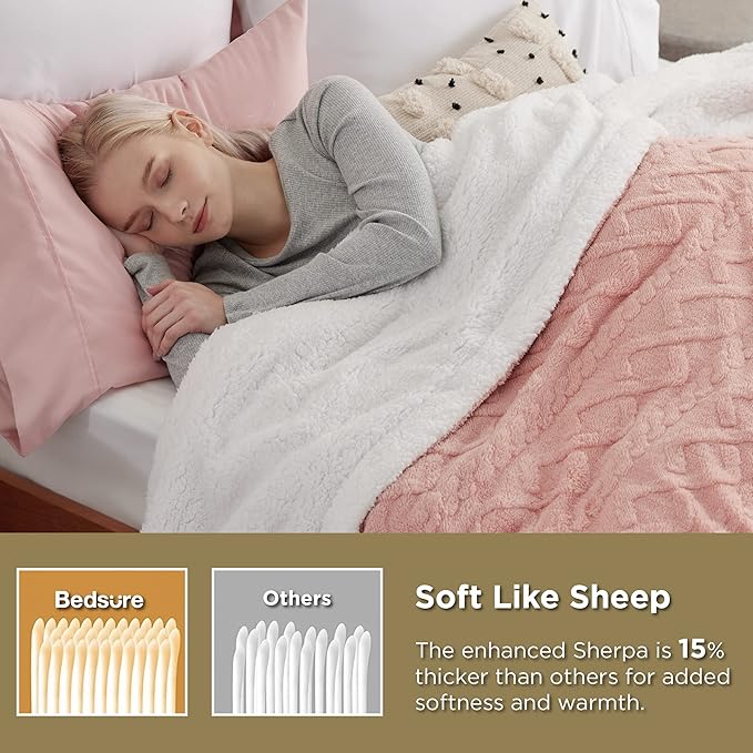 Bedsure Sherpa Queen Size Blanket for Bed - Fleece Soft Cozy Fuzzy Cable Blankets for Women, Thick Warm for Winter and All Seasons, Pink, 90x90 Inches