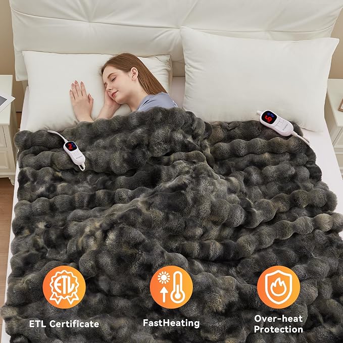 Heated Blanket Throw with 1/2/4/6/8 Hours Auto-Off 10 Heat Level, 90'' * 100'' Cozy Faux Rabbit Fur Bubble Electric Blanket with Overheat Protection(Tie-Dye Dark Grey)