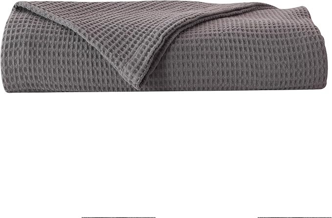 100% Cotton Waffle Weave Lightweight Summer Bed Blanket - Full Queen Size - 90x90in Prewashed Breathable, Woven, Layering Blanket (Dark Grey)
