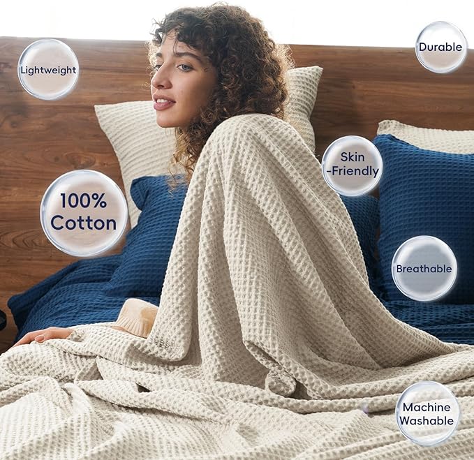PHF Pre-Washed Cotton Waffle Weave Blanket Throw Size for Couch Bed,Snag Proof Spring Summer Lightweight Breathable,Oeko-TEX Certified,Machine Washable, Home Decor Gift-Linen/Stone