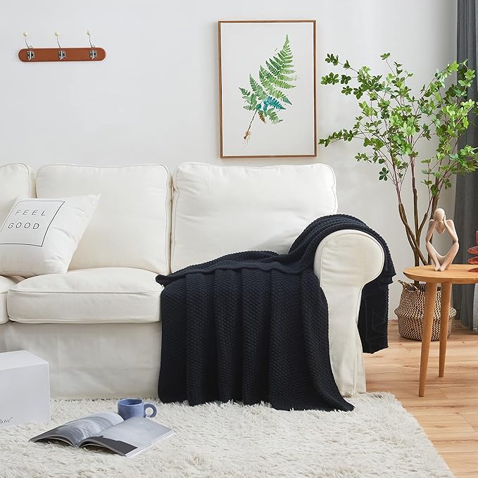 Longhui bedding Dark Navy Blue Knitted Throw Blanket for Couch, Soft, Cozy Machine Washable 100% Cotton Sofa Knit Blankets, Heavy 4.0lb Weight, 60 x 80 Inches, Dark Navy Blue Color.