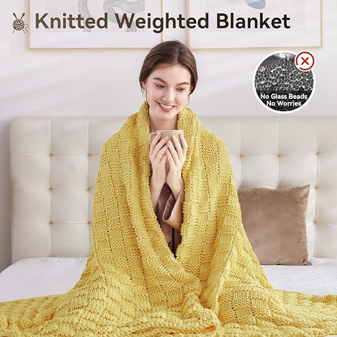 Knitted Weighted Blanket for Adult, No Beads Heavy Blanket 60” x 80'' 10lbs, Breathable Chunky Knit Blanket, Cooling Weighted Blanket for Hot Sleepers, Christmas Home Decor (Yellow)