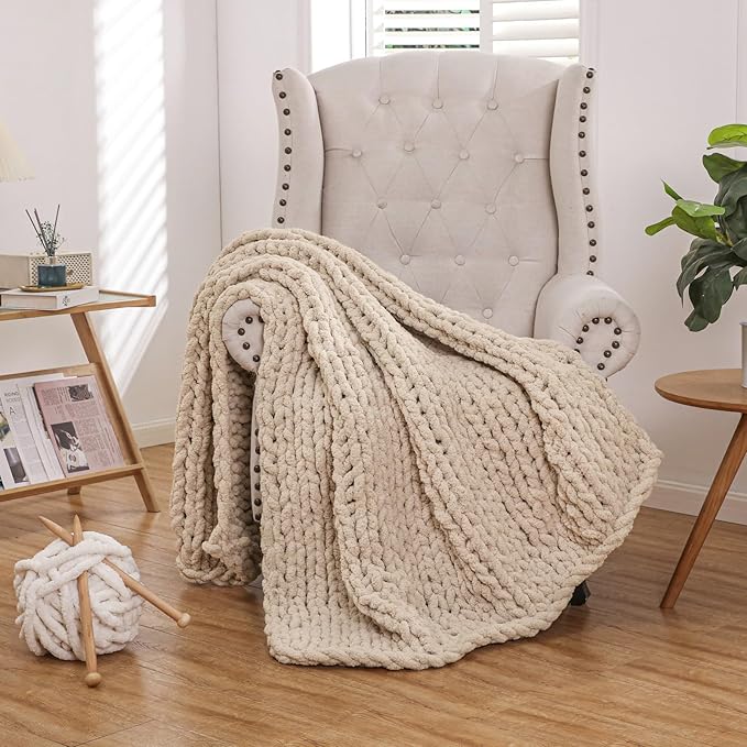 WESHIONGOO Chunky Knit Blanket Throw Knitted Throw Blankets for Couch Bed Fluffy Soft Blanket with Jumbo Chenille Yarn Thick 100% Handmade (Linen, 50"×60")
