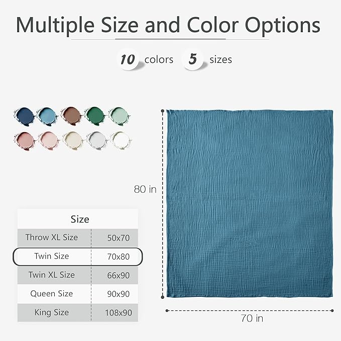 Carriediosa 100% Cotton Muslin Throw Blanket 70" X 80" Twin Size,4-Layers Summer Gauze Throws for Bed Couch,Soft Lightweight Breathable Linen Blankets Bedspread for Adults All Season,Dusty Blue