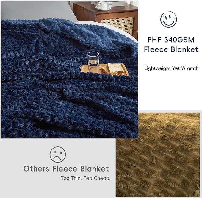 PHF Ultra Soft Flannel Fleece Throw Blanket, Lightweight 3D Jacquard Fleece Blanket, No Shedding, No Pilling, Luxury 340GSM Aesthetic Fluffy Cozy Throws for Couch Room Decor, 50"x60", Navy Blue