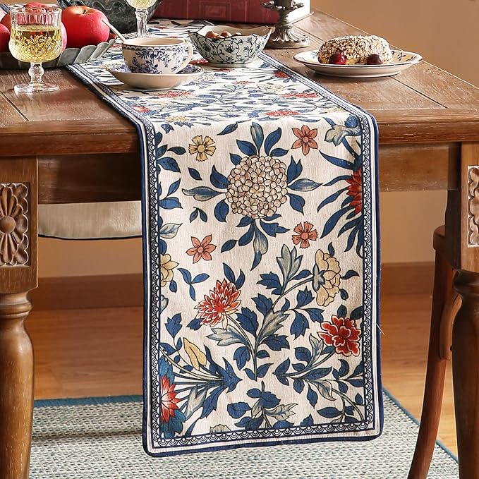 patdrea Designer Blue Cottage Rustic Floral Patterned Linen Table Runner 102 Inch Long,Wrinkle Resistant Table Mat,Decoration for Kitchen Dining and Coffee Tables Banquet Christmas ,12"x102"