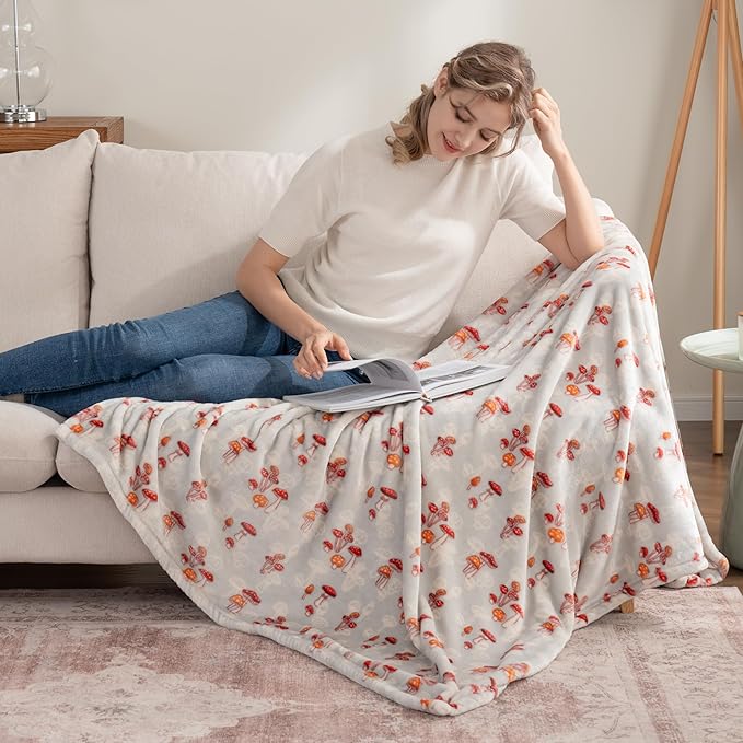 Berkshire Blanket-Classic Heavyweight Soft Printed VelvetLoft® Plush Throw Blanket, Cozy and Fuzzy, Mushroom Field Grey, 50in x 70in