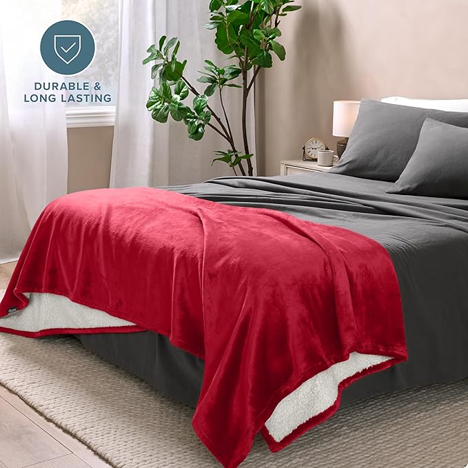Bare Home Sherpa Fleece Blanket - King Size - Blanket for Bed, Sofa, and Couch - Warm & Lightweight - Fluffy & Soft - Reversible (King, Red)