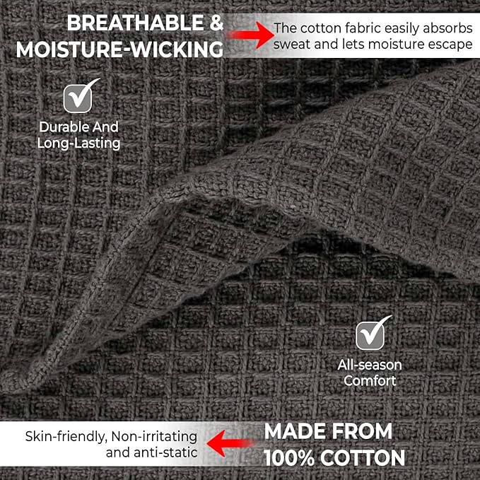 100% Cotton Blankets Queen Size for Bed - Waffle Weave Blankets for Summer, Lightweight and Breathable Soft Woven Blanket for Spring, (Dark Grey, Queen (90" x 90"))
