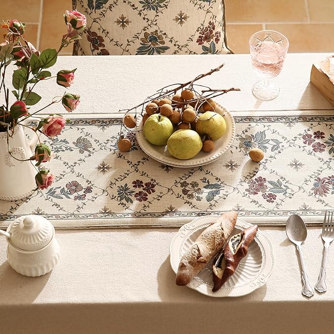 patdrea Designer Vintage Floral Linen Table Runner 87 Inch Long, Beige Cottage Rustic Bouquets Pattern Table Mat,Decor for Kitchen Dining Coffee Table Shelf Cabinet Banquet Christmas ,12"*87"