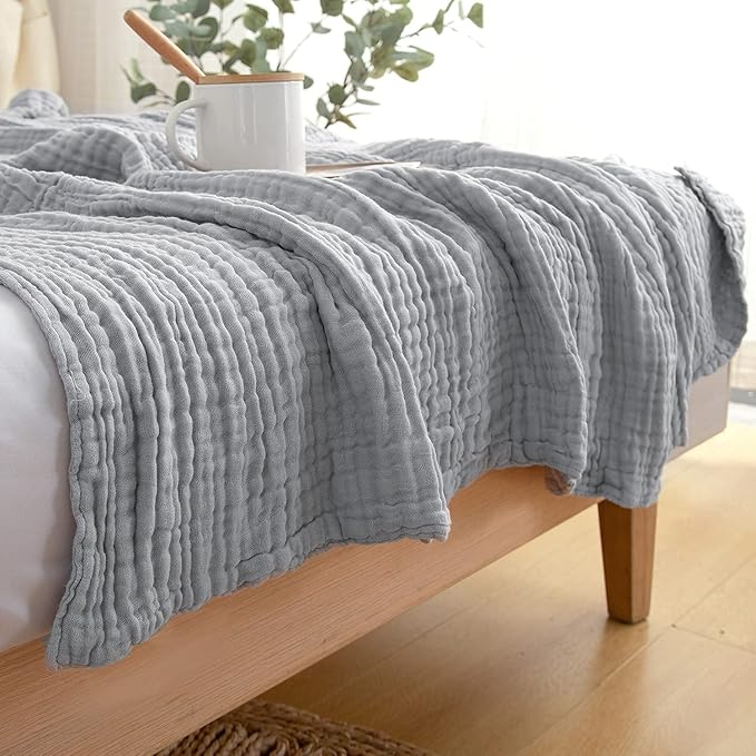 EMME Cooling Throw Blanket for Hot Flashes Muslin Throw Blanket 100% Cotton Throws Gauze Blanket All Season Soft Lightweight Breathable Blanket (Light Grey, 55"x75")