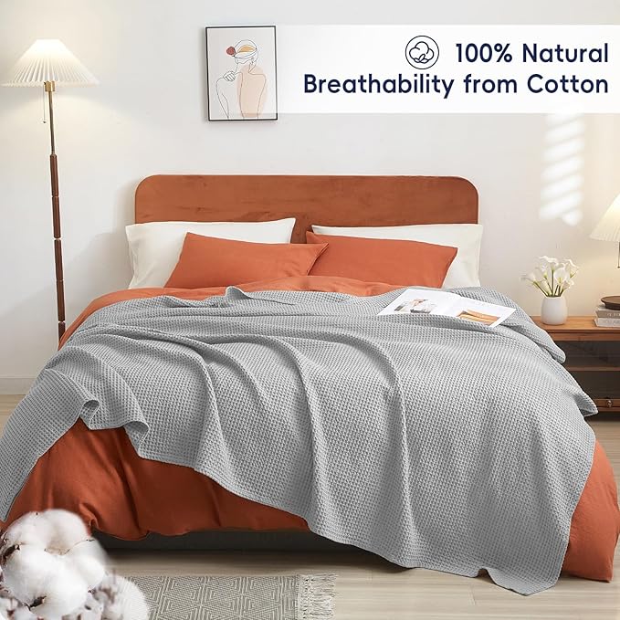 PHF Pre-Washed Cotton Waffle Weave Blanket King Size for Bed,Snag Proof Throw Blanket for Couch Spring Summer Lightweight Breathable,Oeko-TEX Certified,Machine Washable,Home Decor Gift,Light Grey