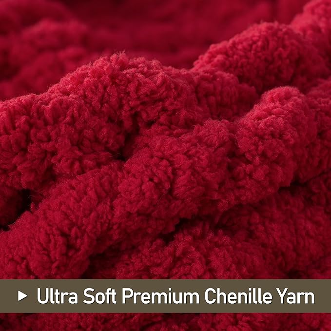 Chunky Knit Throw Blanket 60"X 80", 100% Handmade with Soft Chenille Yarn, 4.4lbs Thick Cable Knitted Blankets, Large Rope Knot Crochet Throws for Couch Sofa Bed Home Decor, Red