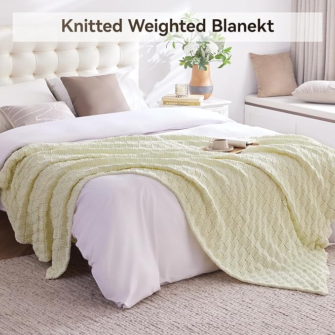 Knitted Weighted Blanket for Adult, No Beads Heavy Blanket 60” x 80'' 10lbs, Breathable Chunky Knit Blanket, Cooling Weighted Blanket for Hot Sleepers, Christmas Home Decor (Cream White)