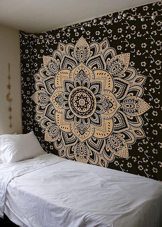 Rajsee Gold Mandala Tapestry - Boho Bedroom Aesthetic - Trippy Large Wall Hanging - Black Gold Wall Art 82x92 Inches