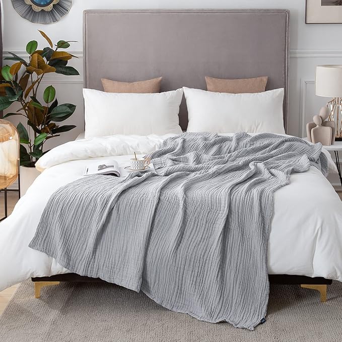 EMME Cooling Throw Blanket for Hot Flashes Muslin Throw Blanket 100% Cotton Throws Gauze Blanket All Season Soft Lightweight Breathable Blanket (Light Grey, 55"x75")
