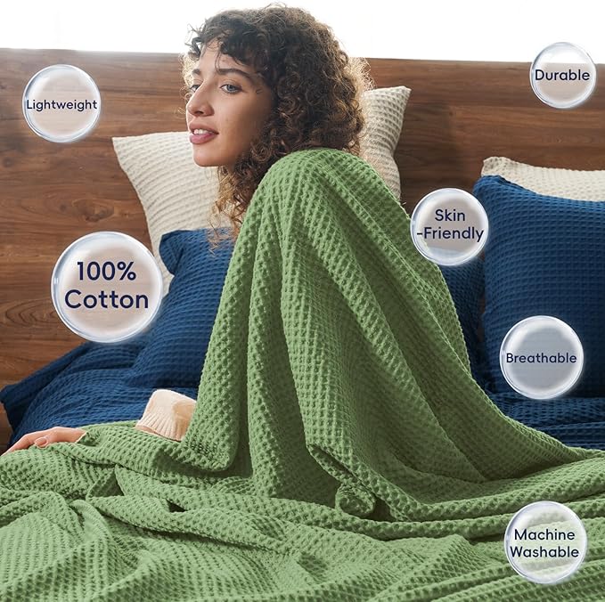 PHF Pre-Washed Cotton Waffle Weave Blanket Queen Size for Bed,Snag Proof Throw Blanket for Couch Spring Summer Lightweight Breathable,Oeko-TEX Certified,Machine Washable, Home Decor Gift,Loden Green