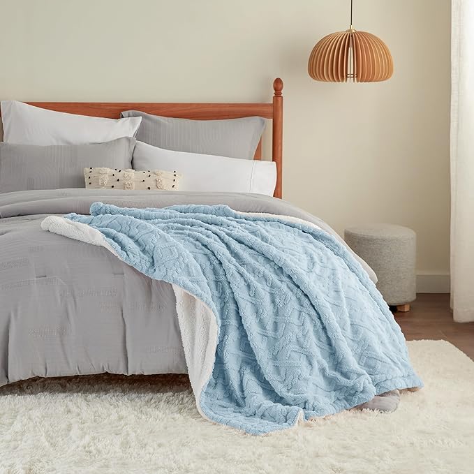 Bedsure Sherpa Fleece Throw Blanket for Couch - Fuzzy Soft Cozy Cable Throw for Women, Thick Warm Blanket for Winter, Blue, 50x60 Inches