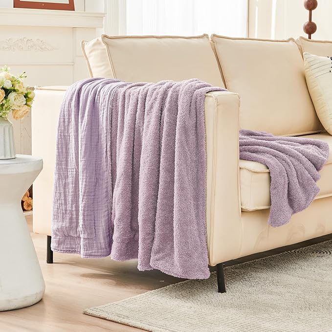 EMME Muslin Cotton Fleece Throw Blanket Reversible - 50"*60" Lavender Soft Warm Throw Blankets for Couch Bed Picnic Travel Bed