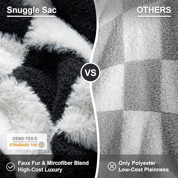 Snuggle Sac Faux Fur Throw Blanket for Couch,Black Checker Blanket, Cozy Soft Warm Blankets for Sofa, Bedroom, Living Room, Black Checker,50x60 inches