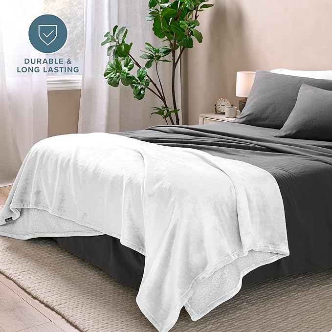Bare Home Sherpa Fleece Blanket - King Size - Blanket for Bed, Sofa, and Couch - Warm & Lightweight - Fluffy & Soft - Reversible (King, White)