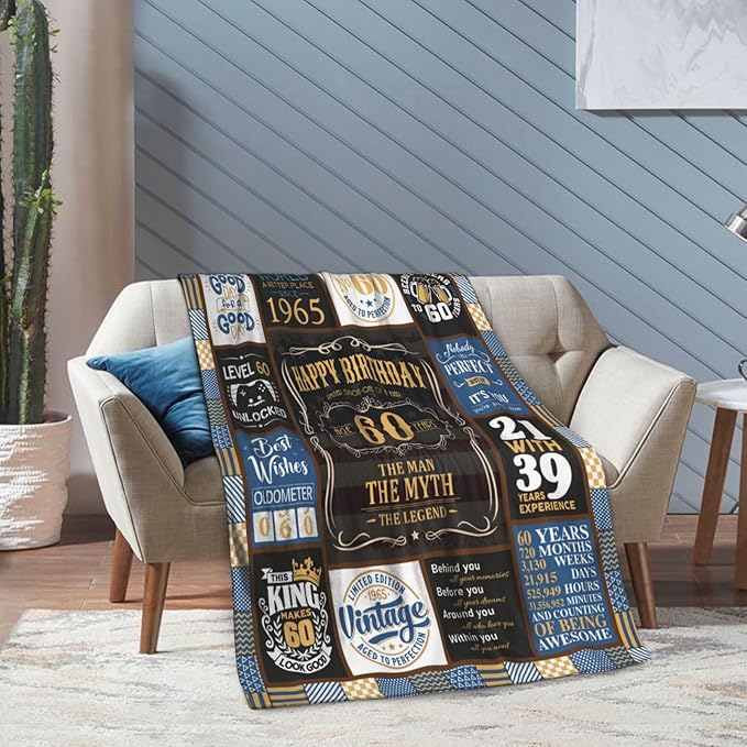 60th Birthday Gifts for Men Blanket 60 x 50 inch, 60 Year Old Birthday Gifts for Men, Gift for 60 Year Old Man, 1965 Mens 60th Birthday Gift Ideas Male, 60 th Birthday Gift for Dad