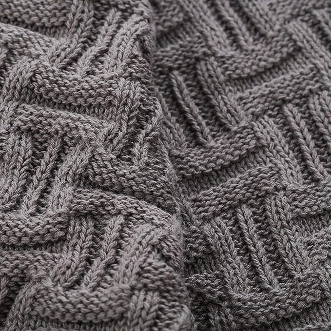 Longhui bedding Cotton Gray Cable Knit Throw Blanket for Couch Chairs Bed Beach, Home Decorative Grey Knitted Blanket, 50 x 60 Inch with a Washing Bag,Silk Bow Tie Package