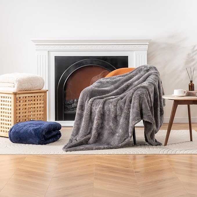 Berkshire Blanket Classic Extra-Fluffy™ Plush Blanket, Queen Size Bed Blanket, Soft Fuzzy Fluffy Long Hair Blanket for Couch Sofa Bed, Shadow Grey, 90x90 Inches