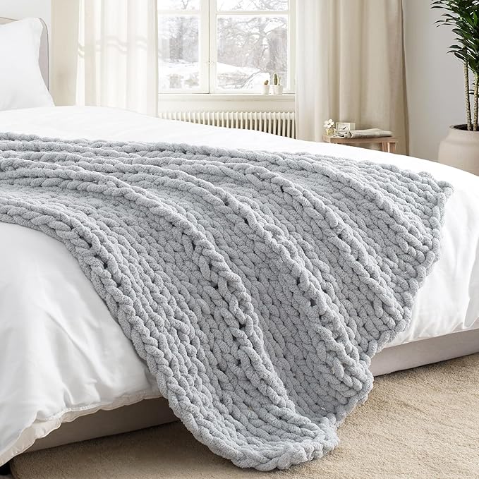 Chunky Knit Throw Blanket 60"X 80", 100% Handmade with Soft Chenille Yarn, 4.4lbs Thick Cable Knitted Blankets, Large Rope Knot Crochet Throws for Couch Sofa Bed Home Decor, Light Grey